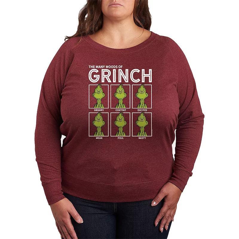 Plus Size Dr. Seuss The Grinch Many Mood French Terry Long Sleeve Tee, Women's, Size: 3XL, Grey Dark Red Product Image