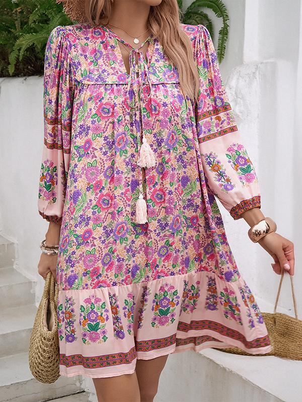 A-Line Loose Contrast Color Drawstring Flower Print Pleated Split-Joint V-Neck Mini Dresses Product Image