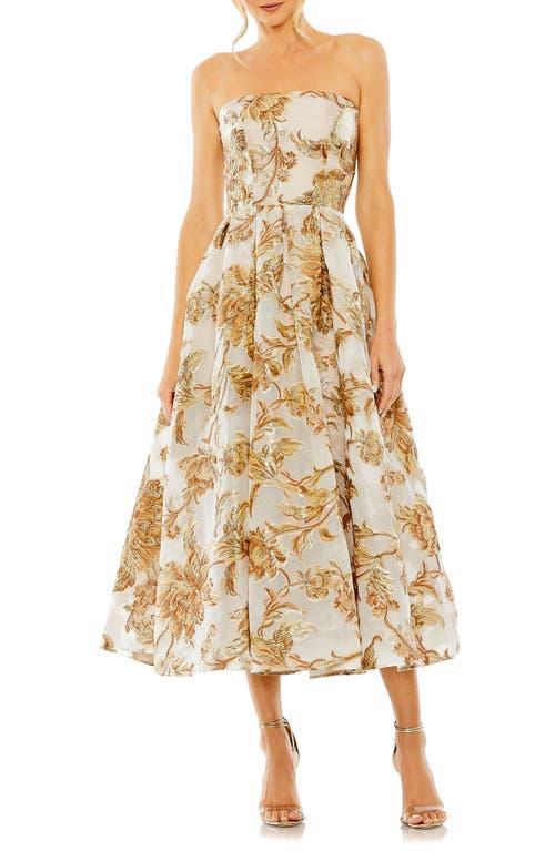 Women's Strapless Brocade Midi Dress With Pockets In Bronze Product Image