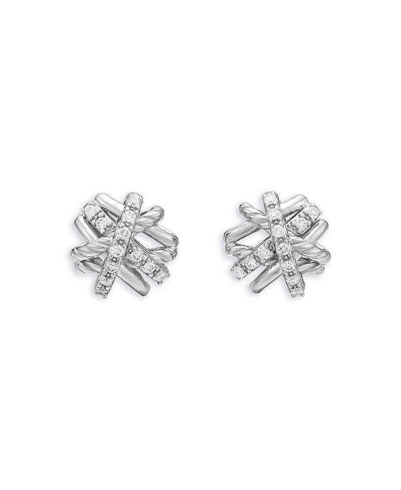 Womens Crossover Stud Earrings in Sterling Silver with Diamonds, 11mm Product Image