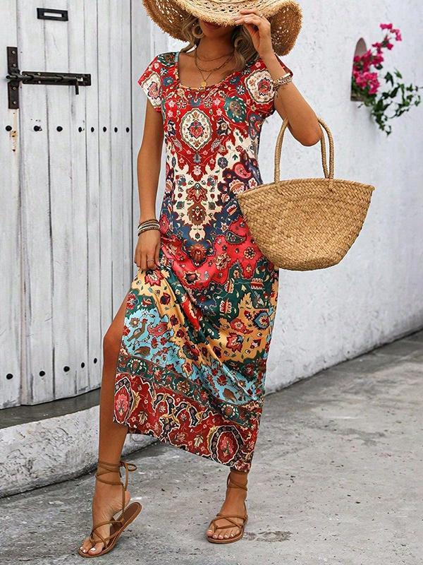 A-Line Loose Contrast Color Flower Print Split-Side U-Neck Maxi Dresses Product Image