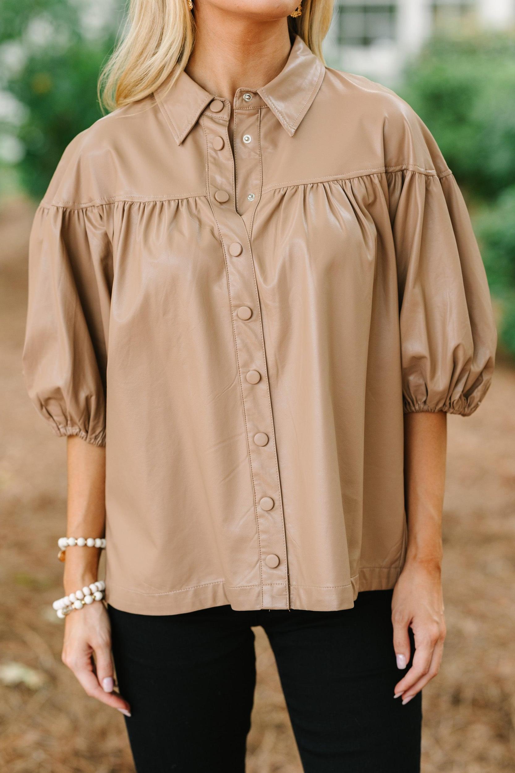 Back In Bold Camel Brown Faux Leather Blouse Female Product Image