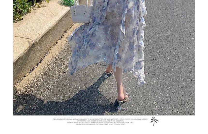 Spaghetti Strap Floral Slit Ruffle Trim Midi A-Line Sundress Product Image