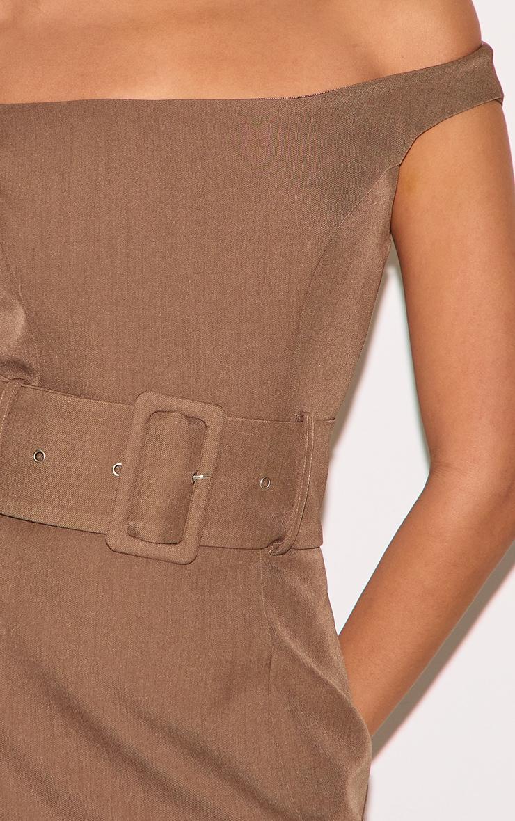  Taupe Woven Off Shoulder Belt Detail Mini Dress Product Image