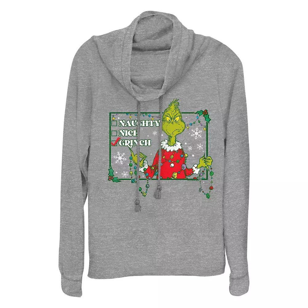 Women's Dr. Seuss Grinch Naughty Or Nice Checklist Cowlneck Graphic Lightweight Long Sleeve,  Product Image