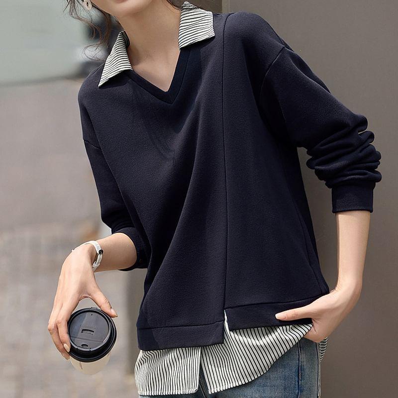 Drop Shoulder Collar V-Neck Mock Two Piece Pullover Product Image