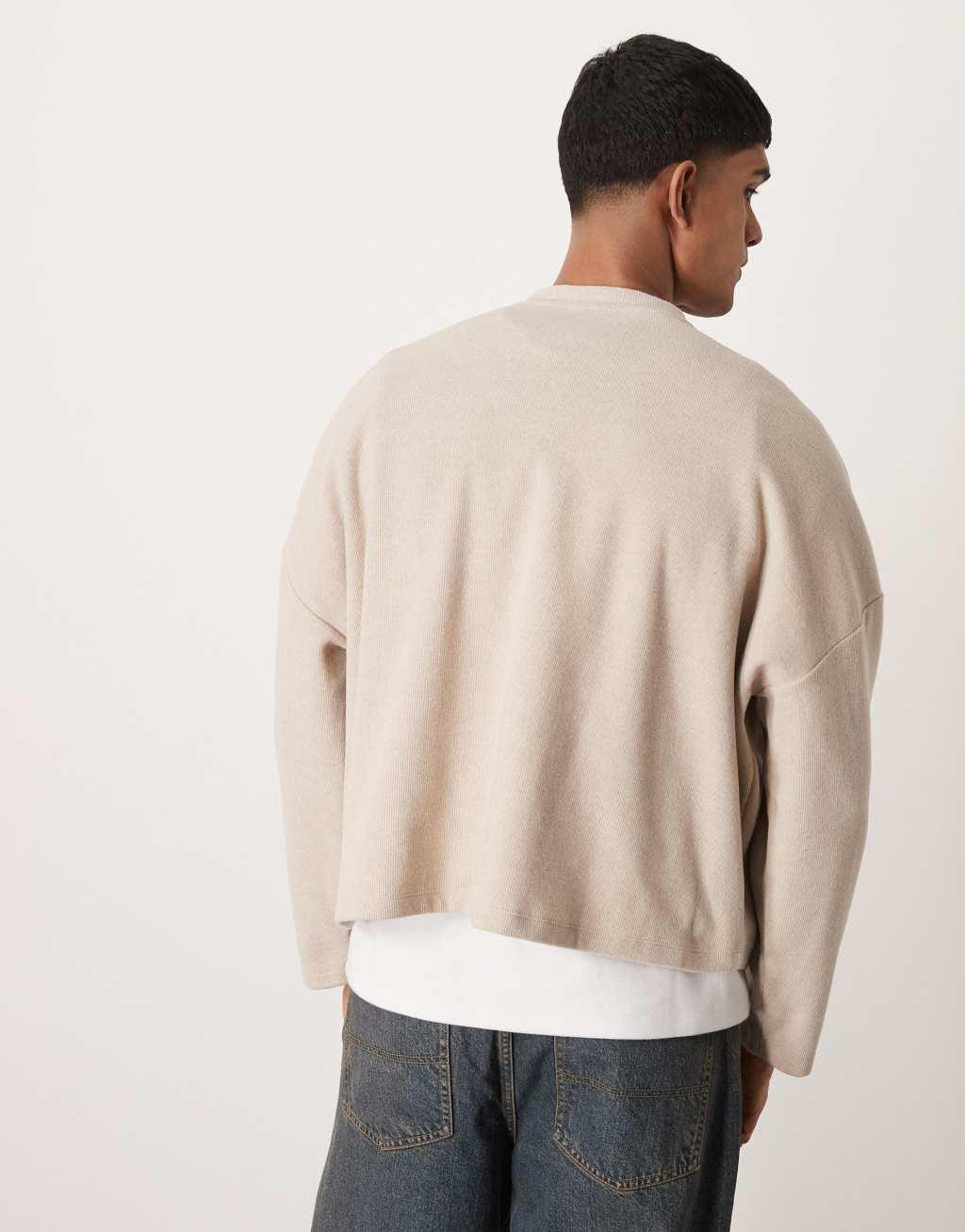 ASOS DESIGN super oversized cropped heavyweight ribbed henley sweater in stone Product Image