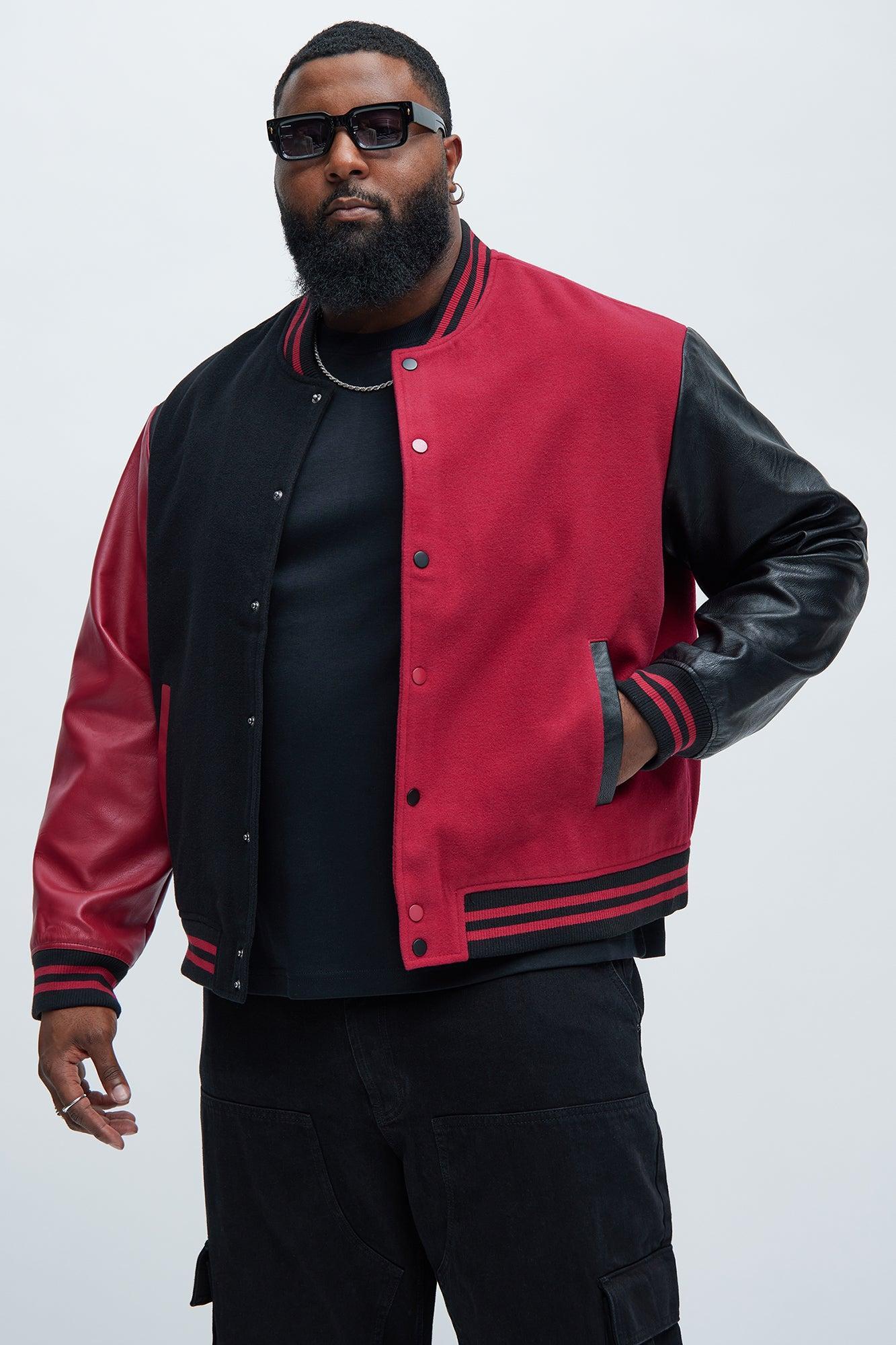 For The Books Faux Leather Sleeves Colorblock Varsity Jacket - Black/Red Product Image