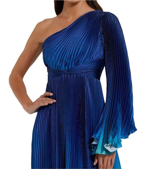 Mac Duggal Charmeuse Ombre Print One Shoulder Neck One Long Sleeve Pleated Gown Product Image
