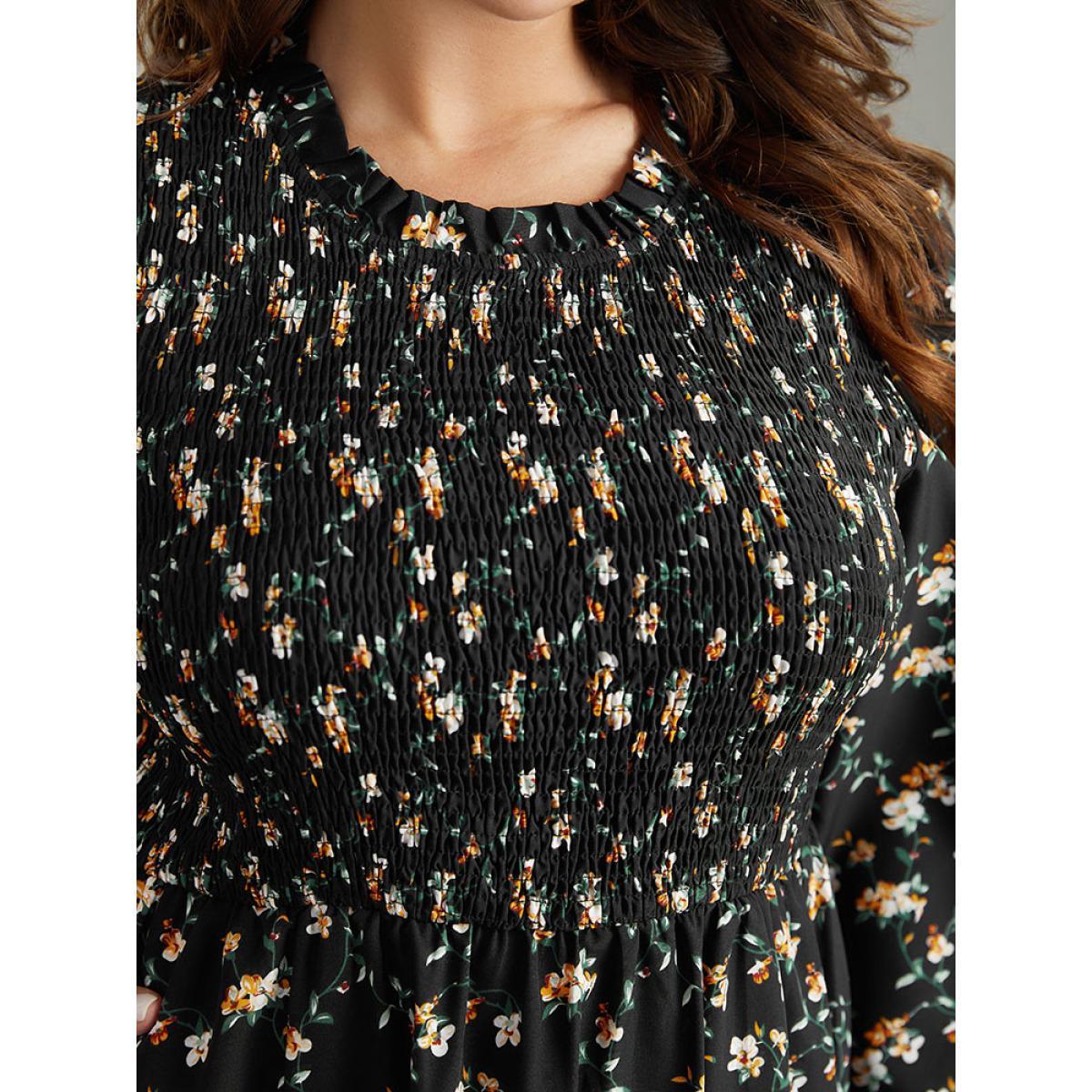 Plus Size Ditsy Floral Frill Trim Shirred Dress Black Women Elegant Elastic cuffs Mock Neck Long Sleeve Curvy Midi Dress BloomChic 18-20/2X Product Image