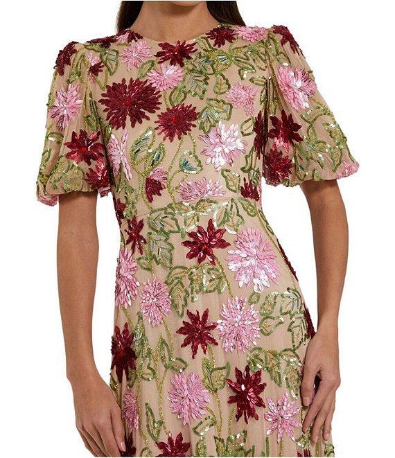 Mac Duggal Embellished Beaded Mesh Floral Crew Neck Short Sleeve Gown Product Image