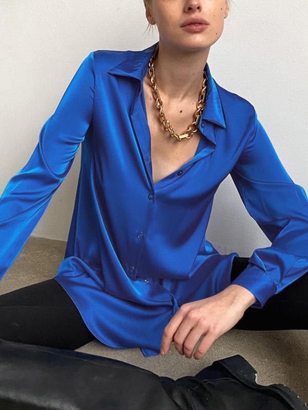 Satin Solid Lapel Neck Long Sleeve Blouse Product Image