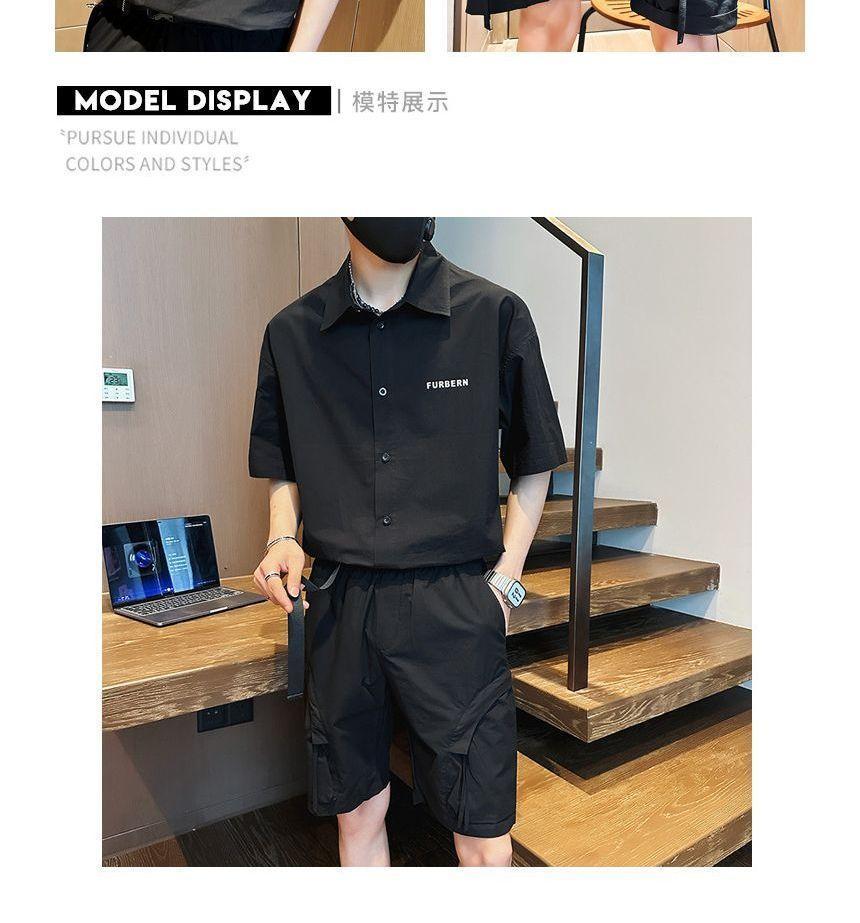 Set: Short-Sleeve Lettering Shirt + Elastic Waist Cargo Shorts Product Image