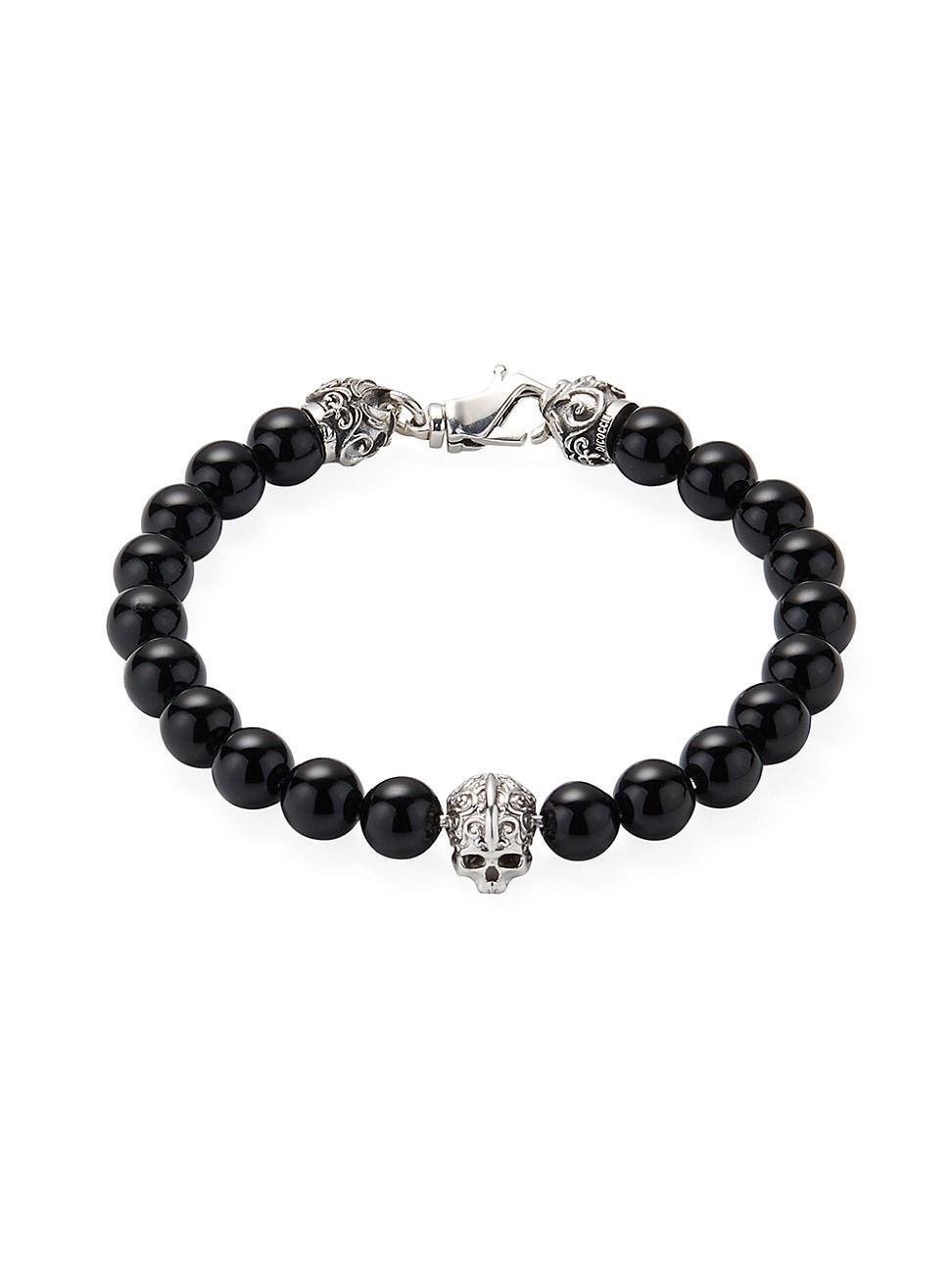 Mens Unisex Sterling Silver & Agate Skull & Beads Bracelet Product Image