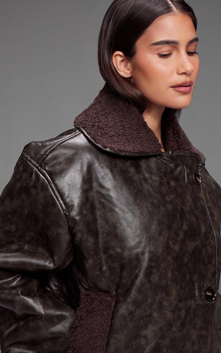 Chocolate Distressed Faux Leather Borg Contrast Aviator Jacket Product Image