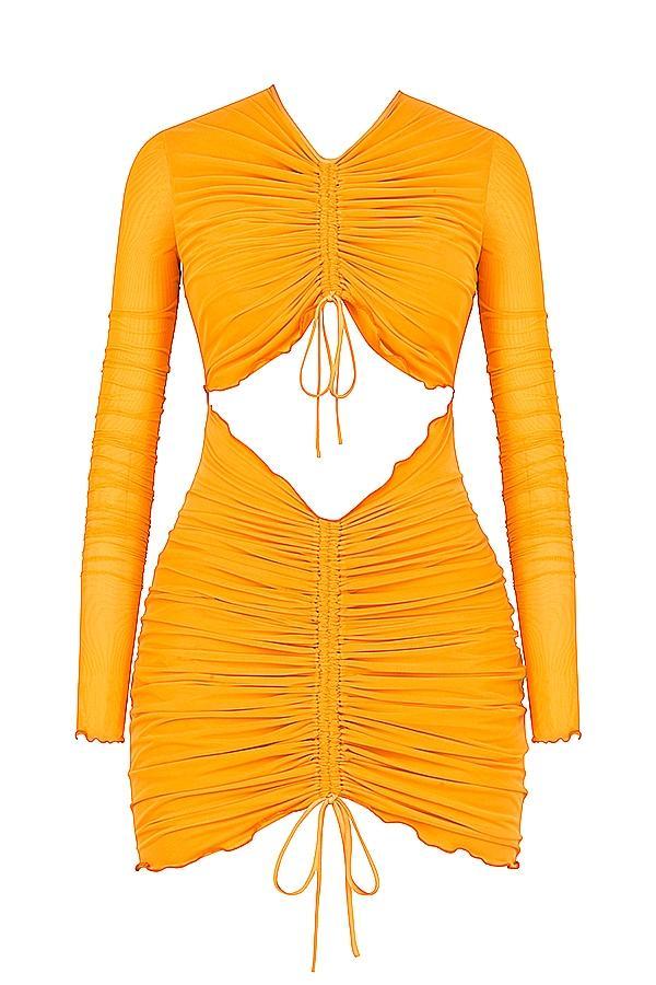 Jeanelle  orange ruched mesh long sleeve cutout mini dress Product Image