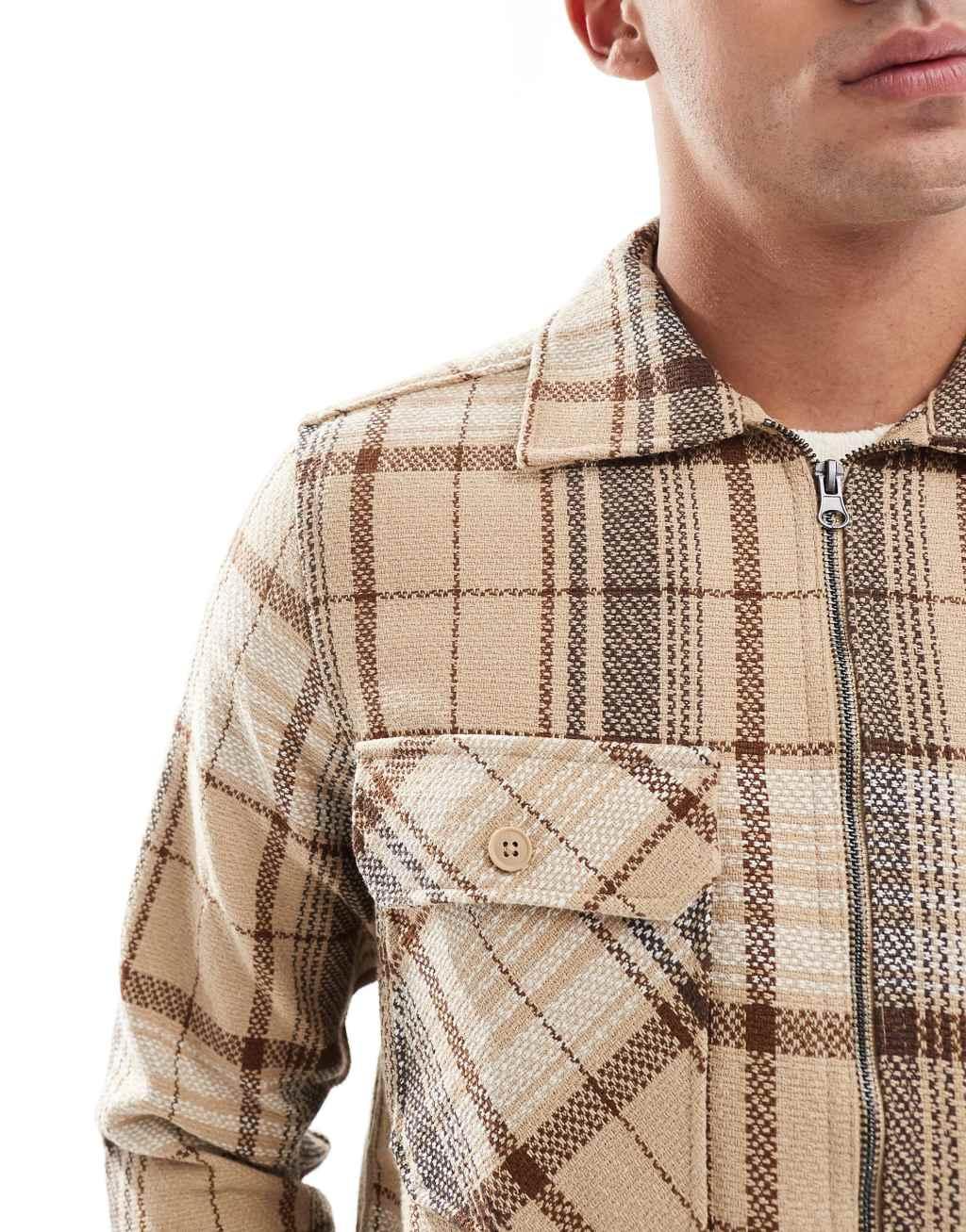 ONLY & SONS zip through wool look overshirt in beige check Product Image