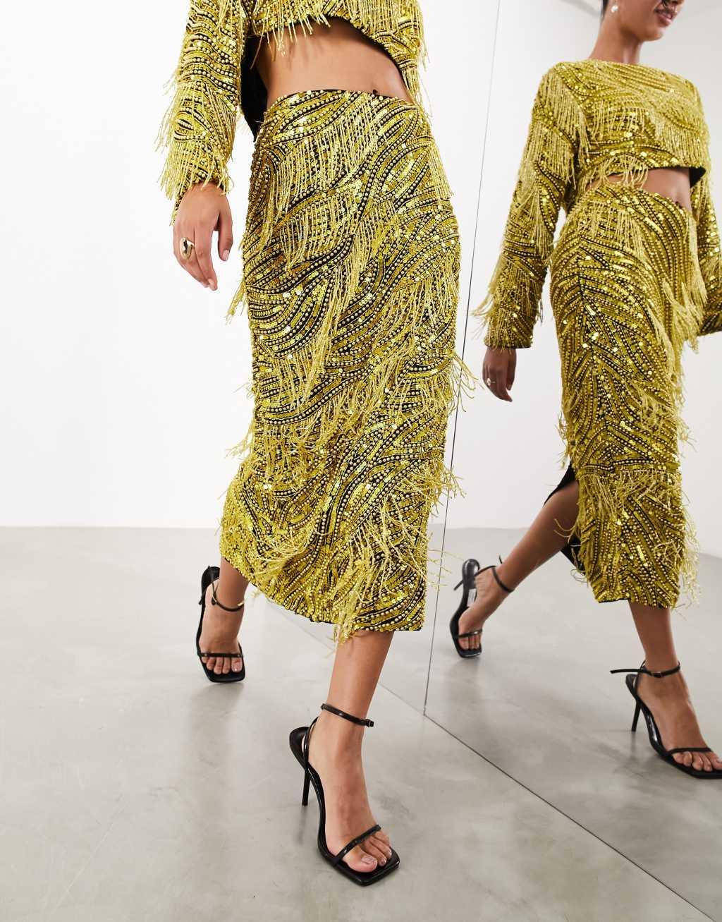 ASOS EDITION beaded fringe and pearl midi skirt in black and yellow Product Image