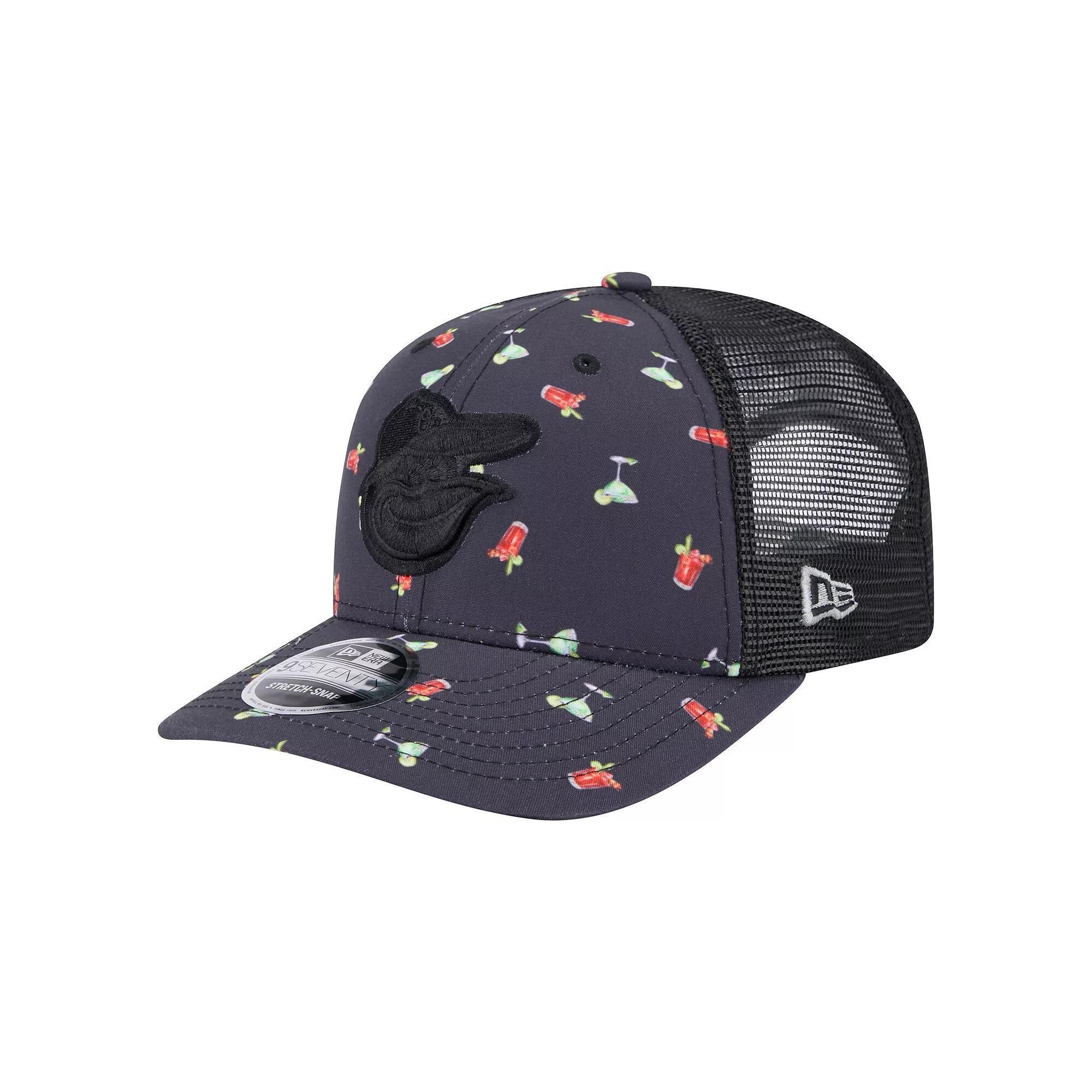 Men's New Era Black Baltimore Orioles Adventure Drinks Pattern 9SEVENTY Stretch-Snap Hat Product Image