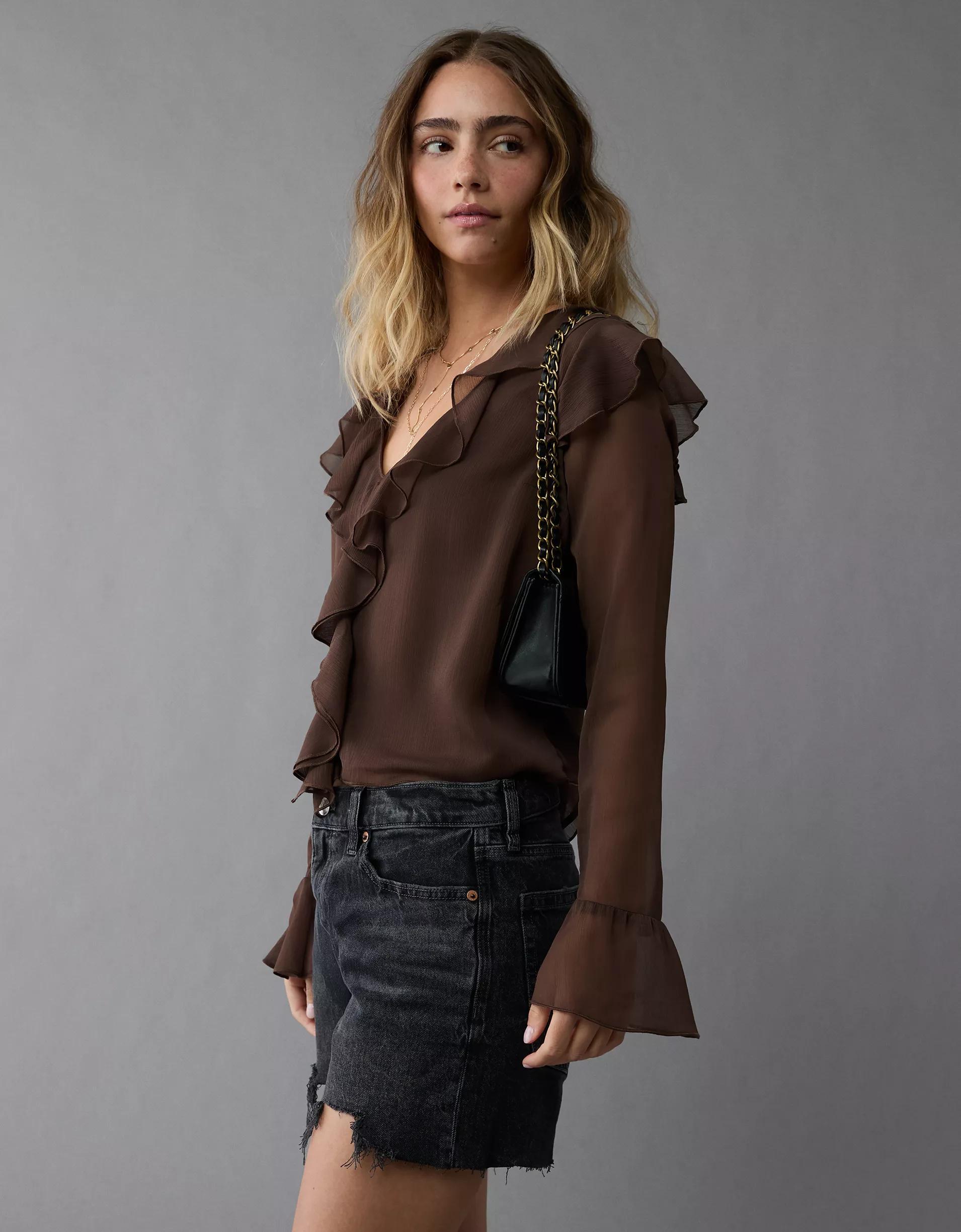 AE Chiffon Bell Sleeve Ruffle Blouse Product Image