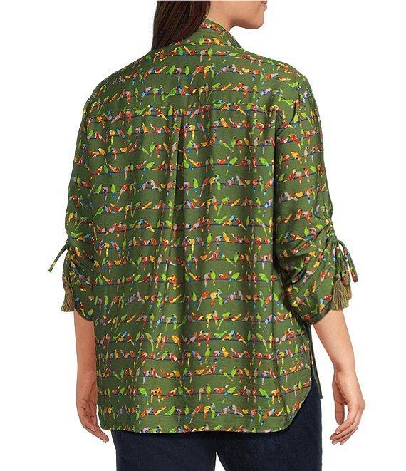 John Mark Plus Size Woven Parrot Print Wire Collar 3/4 Cinched Tie Sleeve Hi Low Hem Button Front Tunic Product Image
