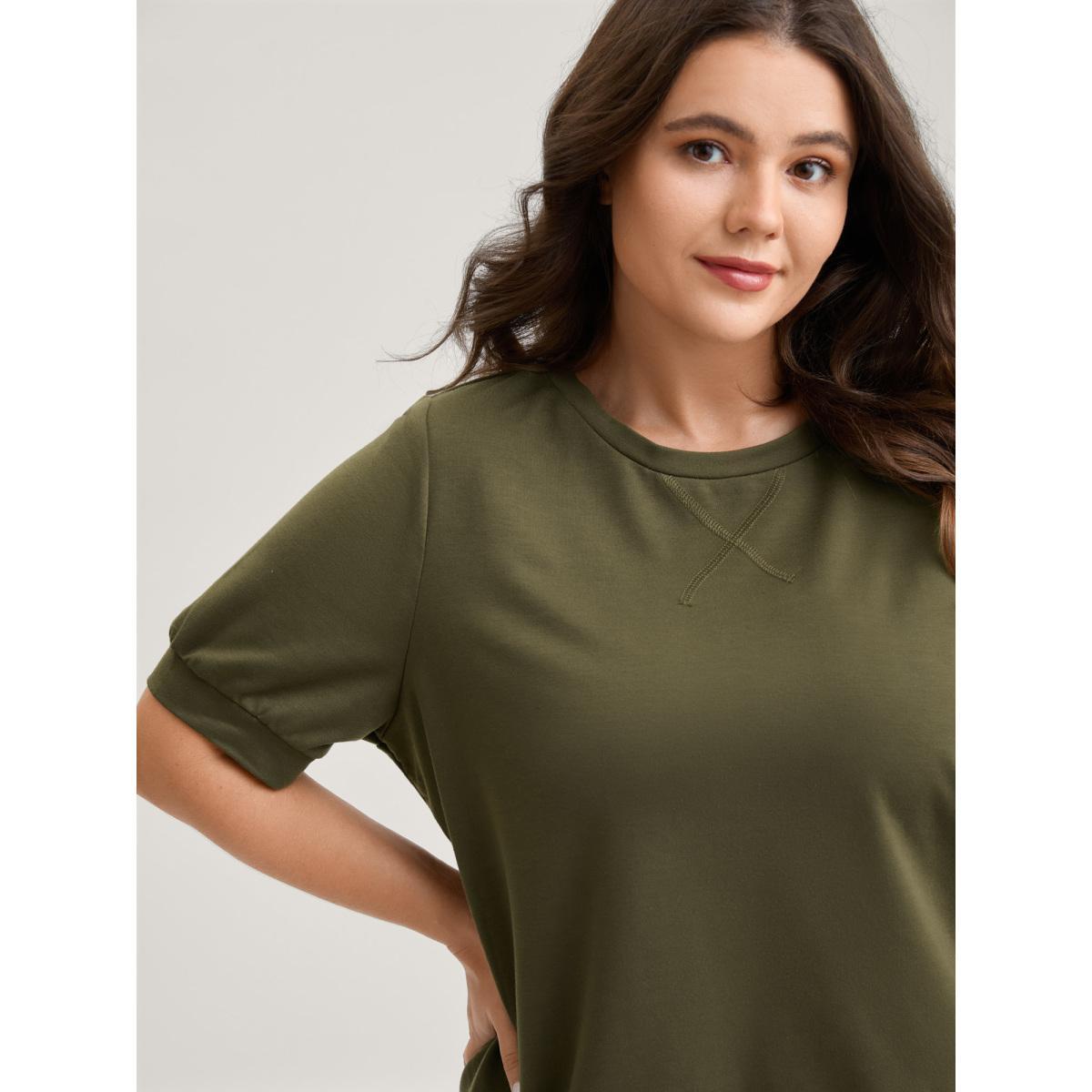Plus Size Solid Crew Neck Relaxed Sweatshirt Women ArmyGreen Leisure Non Round Neck Casual Sweatshirts BloomChic 14-16/1X Product Image