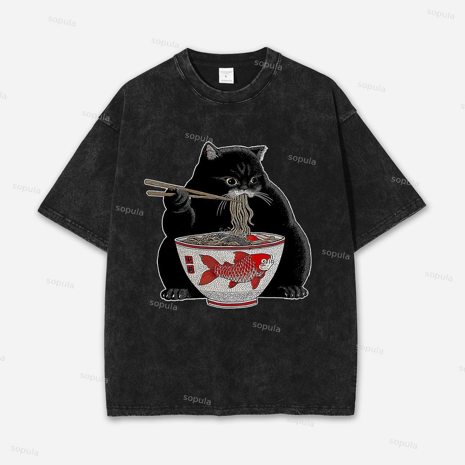 Fat Cat Eating Ramen Acid Washed T-shirt Product Image