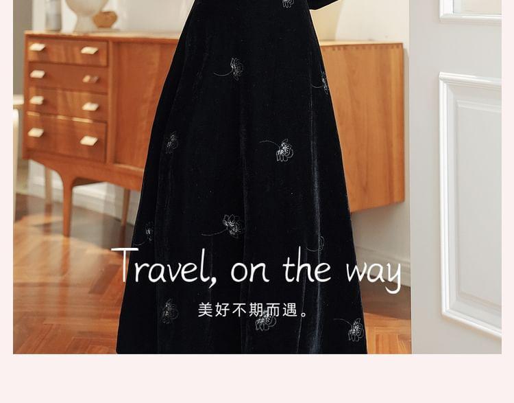 Long Sleeve Square Neck Floral Embroidered Ruffle Panel Velvet Maxi A-Line Dress Product Image