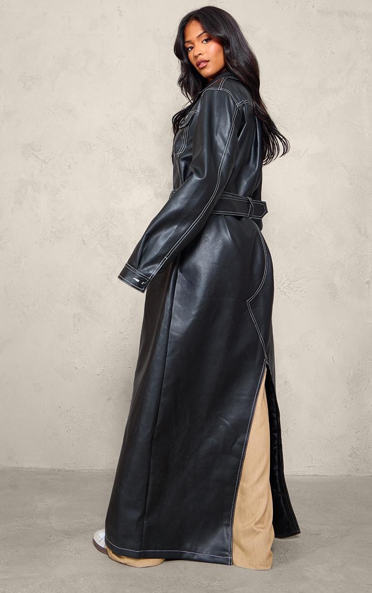 Tall Black Faux Leather Contrast Stitch Split Hem Trench Coat Product Image