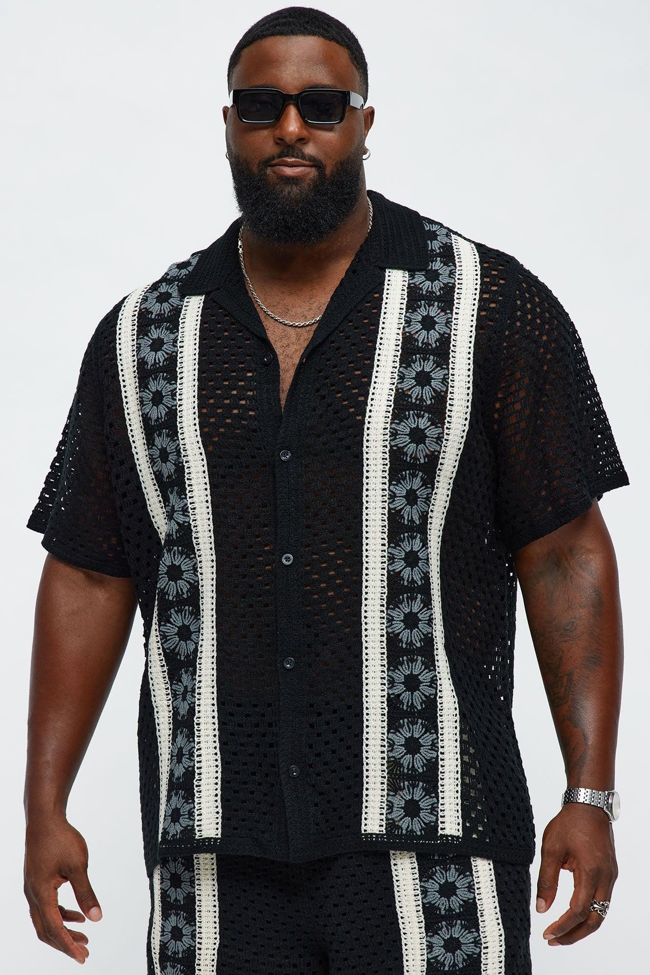 Crochet Panel Cuban Collar Button Up Shirt - Black/combo Male Product Image