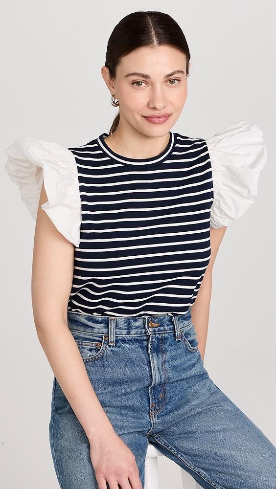 English Factory Stripe Knit with Poplin Puff Sleeve Top | Shopbop Product Image