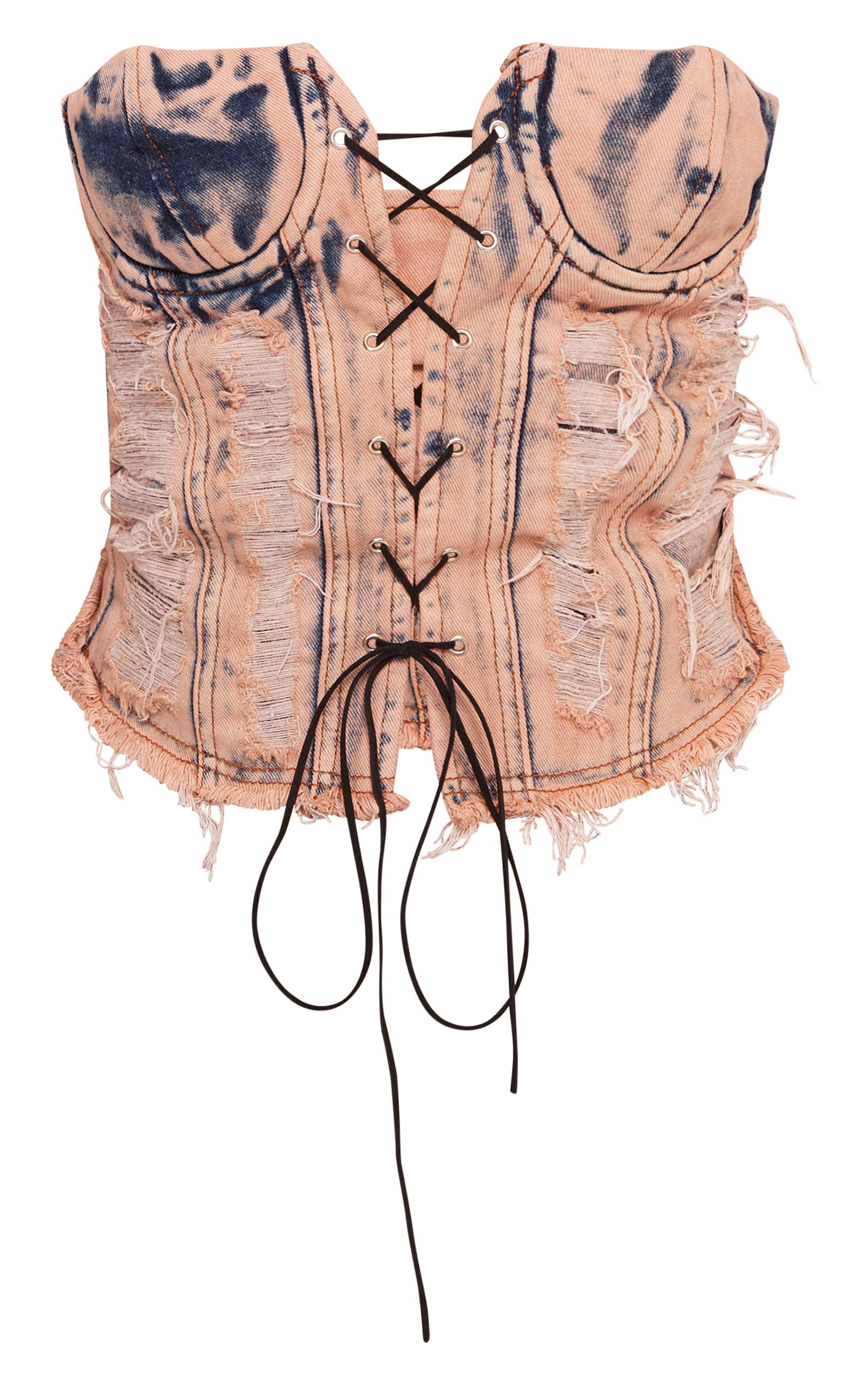 Pink Acid Wash Distressed Lace Up Bustier Denim Crop Top Product Image