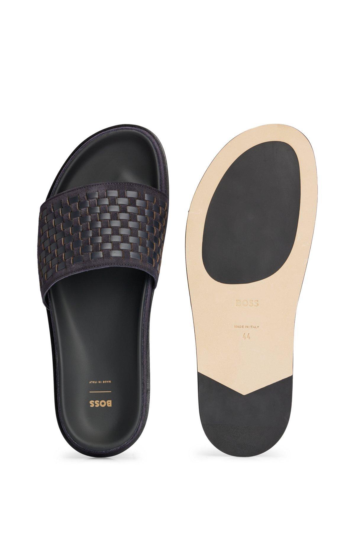 Mixed-leather slides with woven upper strap Product Image