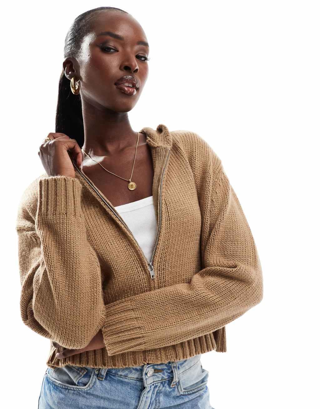 Aria Cove cropped knitted zip through hoodie in camel Product Image