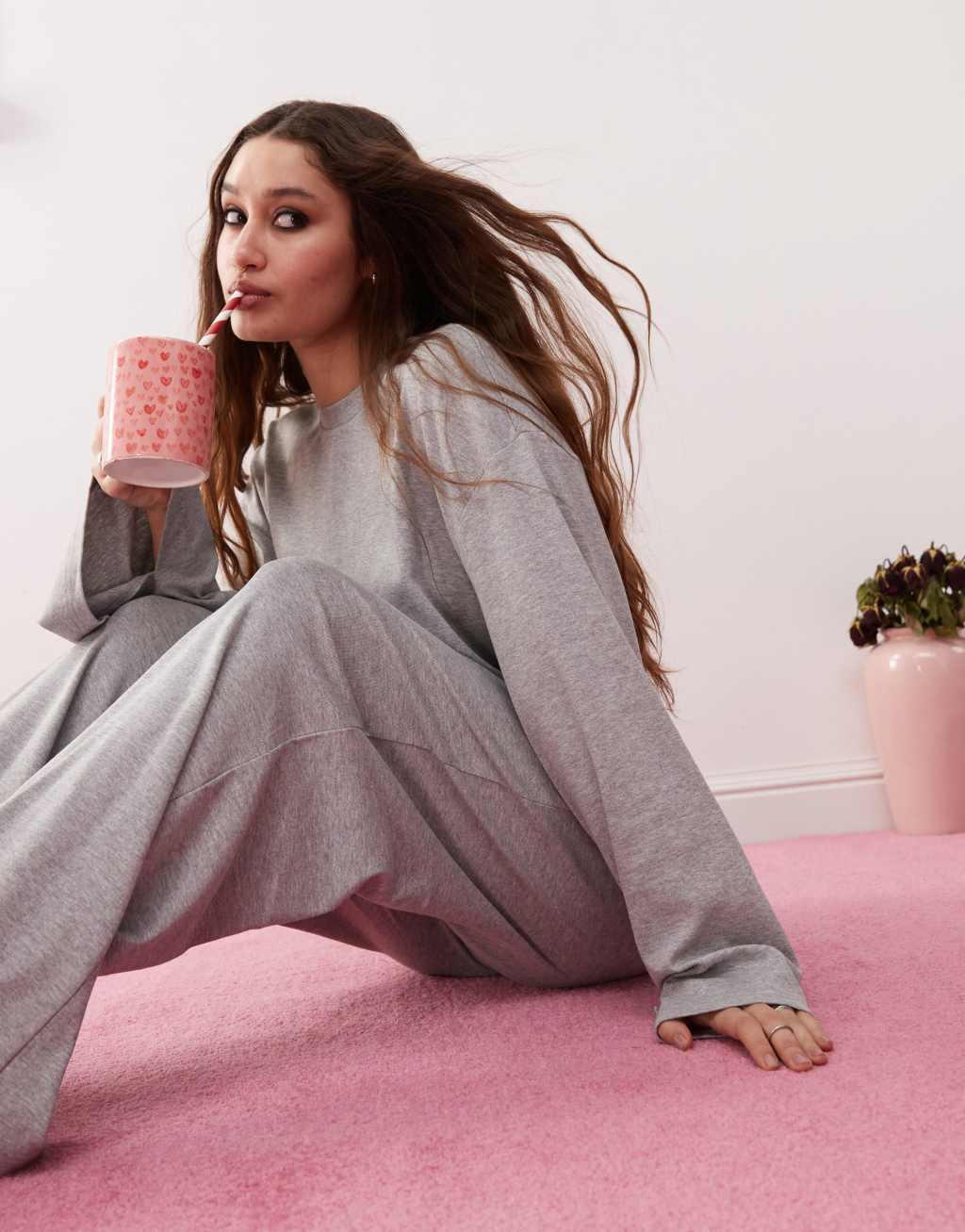 Monki mix and match long sleeve soft oversized top pajama top in gray melange Product Image