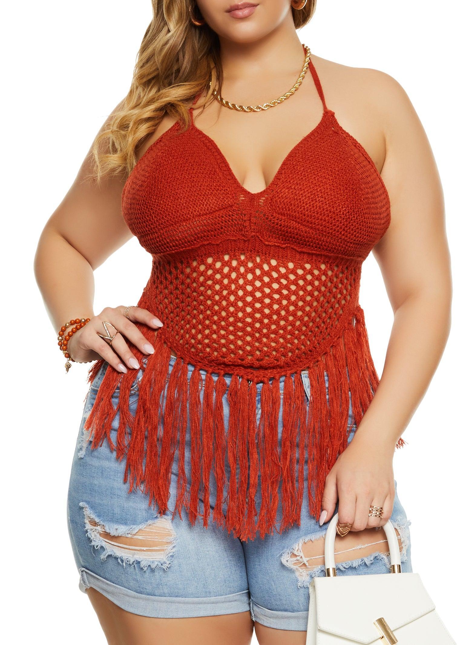 Womens Plus Size Crochet Fringe Halter Top Product Image