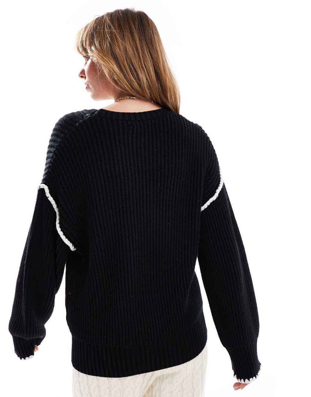 4th & Reckless contrast stitch dropped shoulder sweater in black Product Image