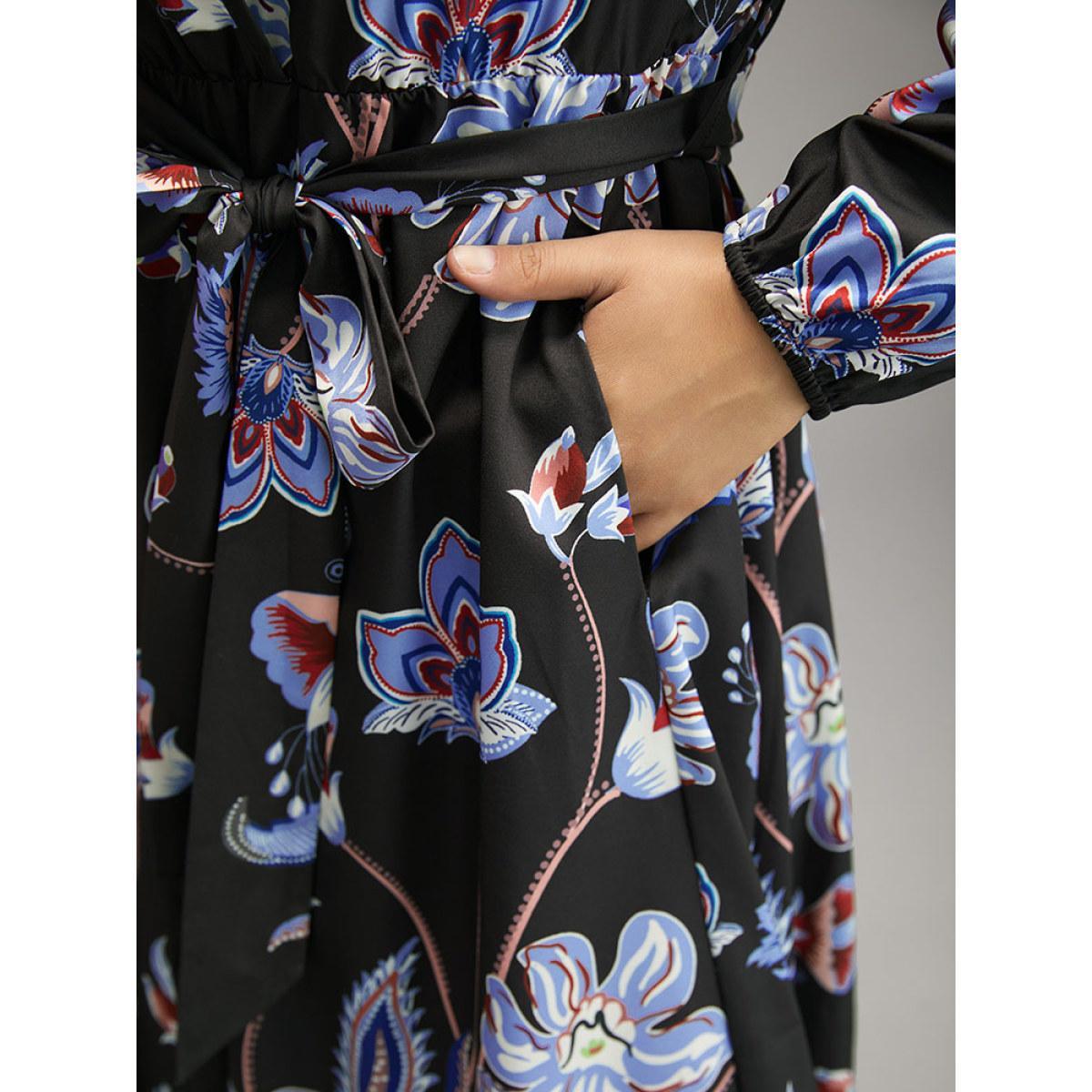 Plus Size Floral Print Elastic Cuffs Belted Dress Black Women Elegant Elastic cuffs V-neck Long Sleeve Curvy Midi Dress BloomChic 18-20/2X Product Image