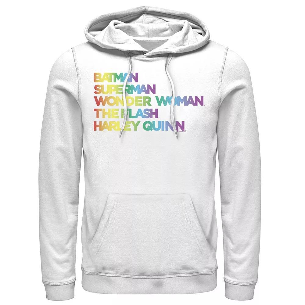 Men's Justice League Member Graidient Rainbow Word Stack Hoodie, Size: Medium, White Product Image