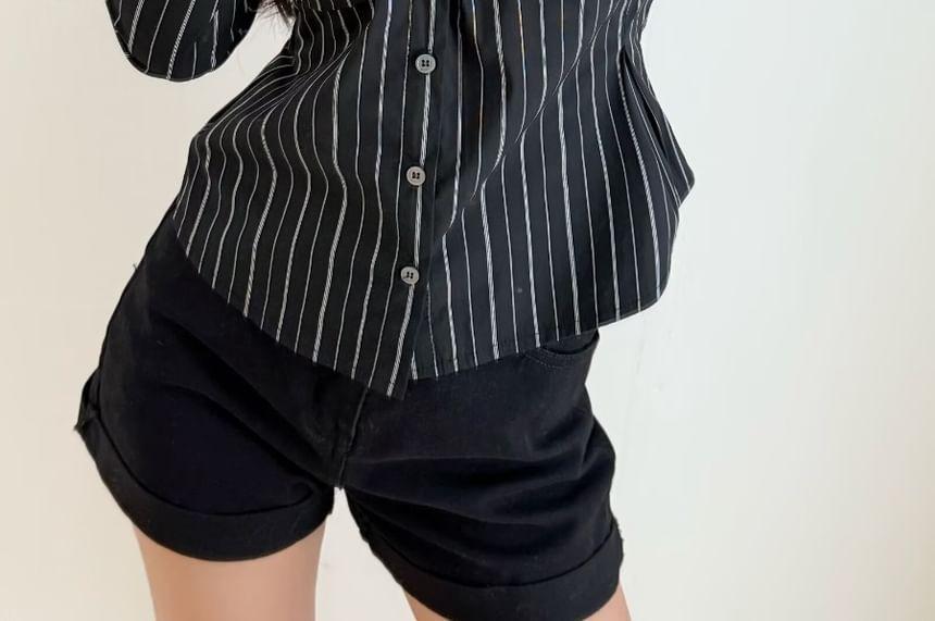 Collared Striped Ruched Button Up Shirt Product Image