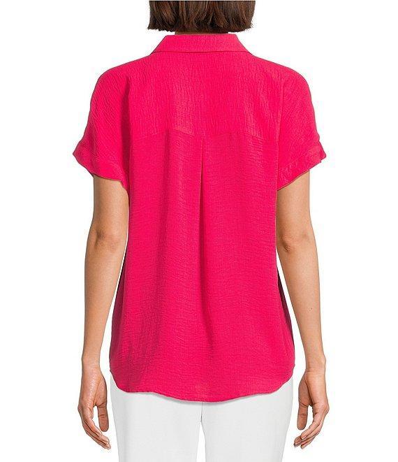 Investments Petite Size Woven Short Sleeve Point Collar Partial Button Front Top Product Image