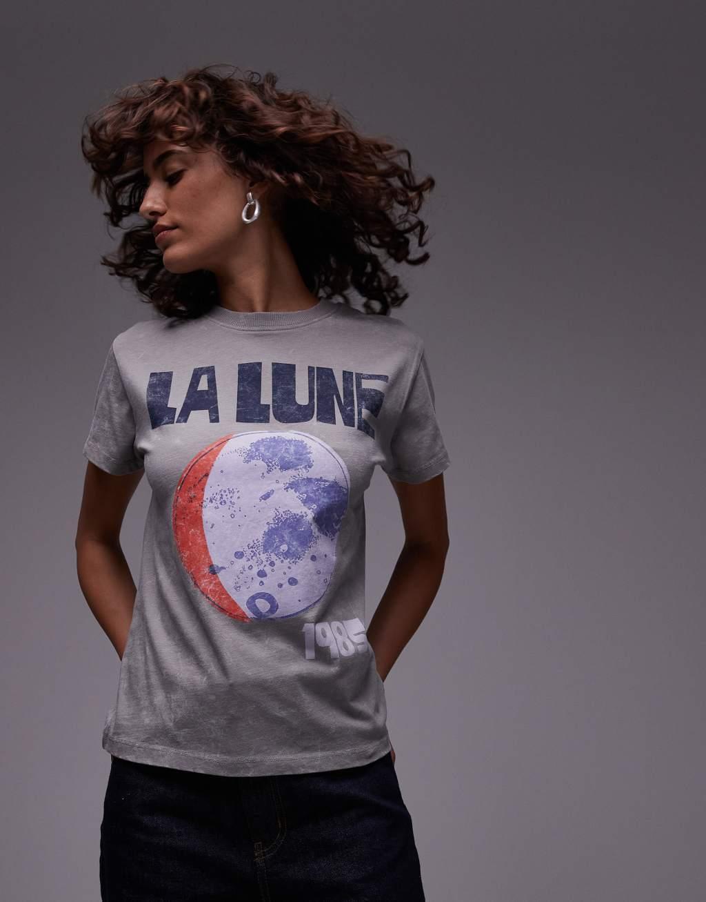 Topshop graphic la lune slim tee in gray Product Image