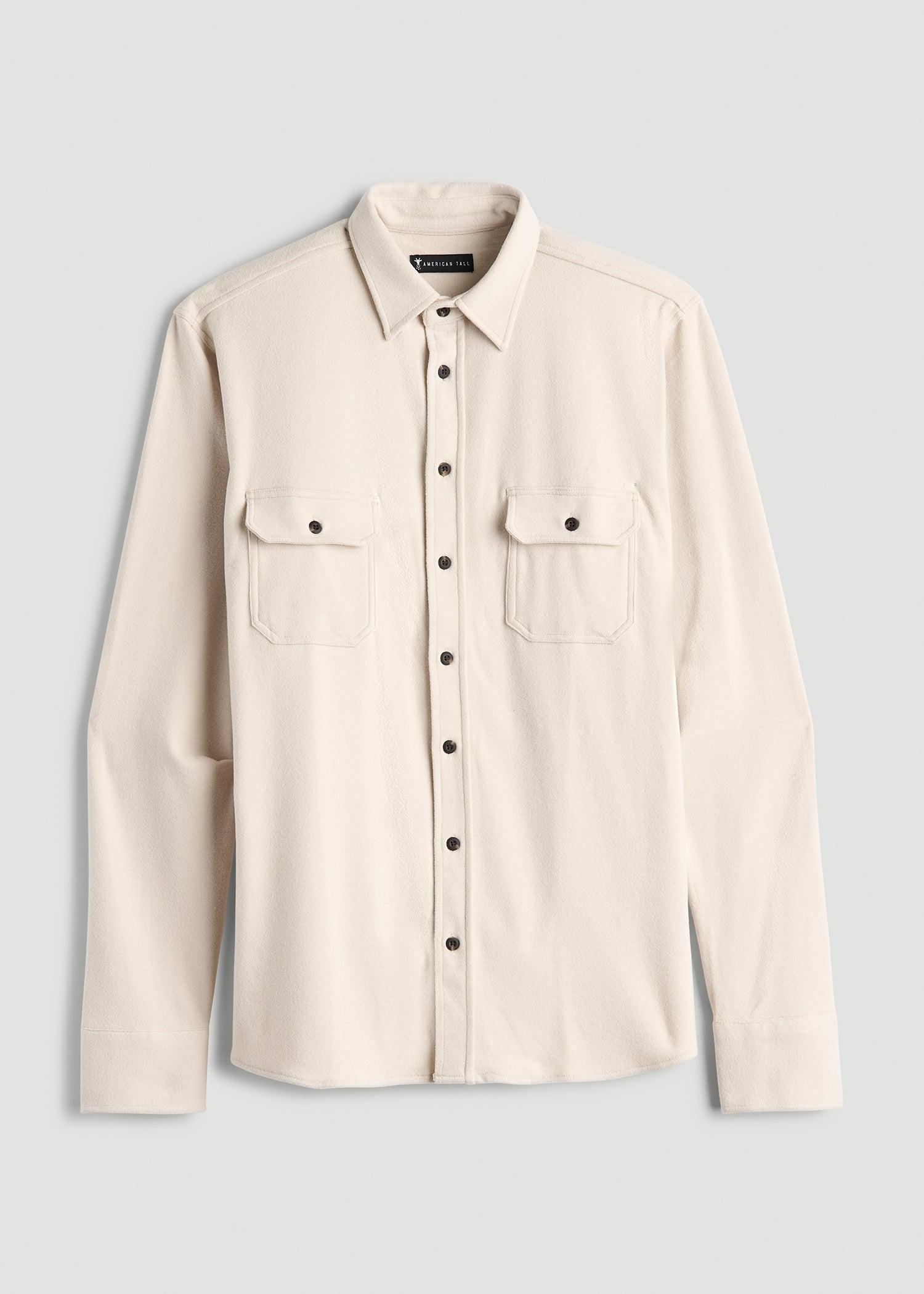 Stretch Flannel Button Shirt for Tall Men in Soft Beige Male Product Image