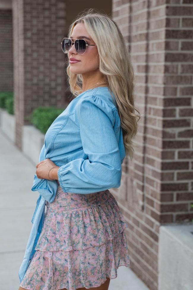 Per Diem Light Wash Chambray Wrap Blouse FINAL SALE Product Image