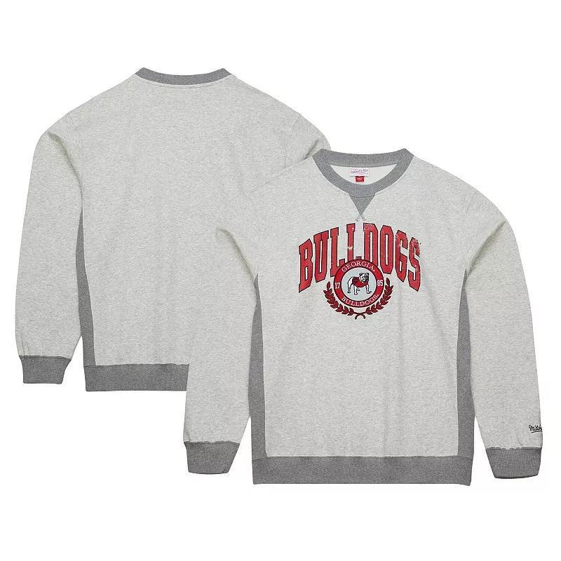 Men's Mitchell & Ness Heather Gray Georgia Bulldogs Arched Fleece Crewneck Pullover Sweatshirt, Size: XL, Grey Product Image