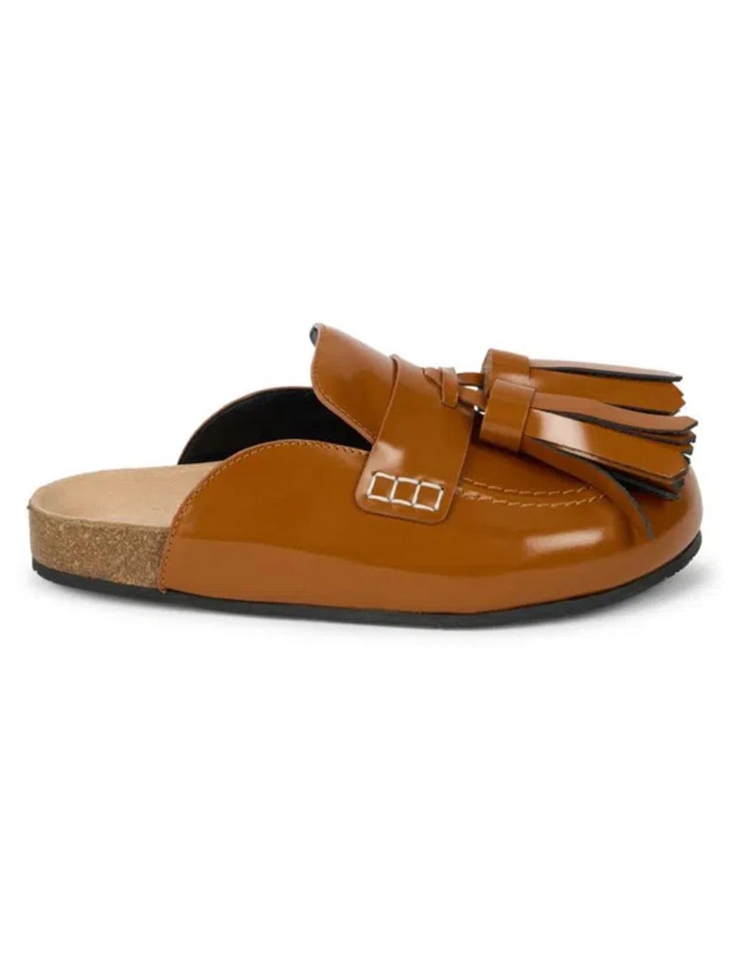 JW ANDERSON Brown Tasselled Leather Loafer Mules In Tan Product Image