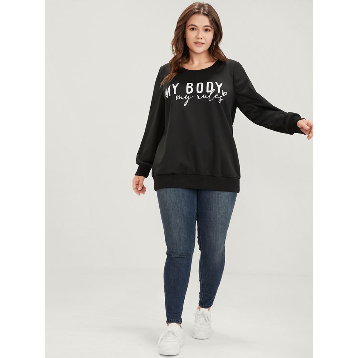 Plus Size Letter Print Drop Shoulder Sweatshirt Women Black Casual Printed Round Neck Dailywear Sweatshirts BloomChic 30/6X Product Image