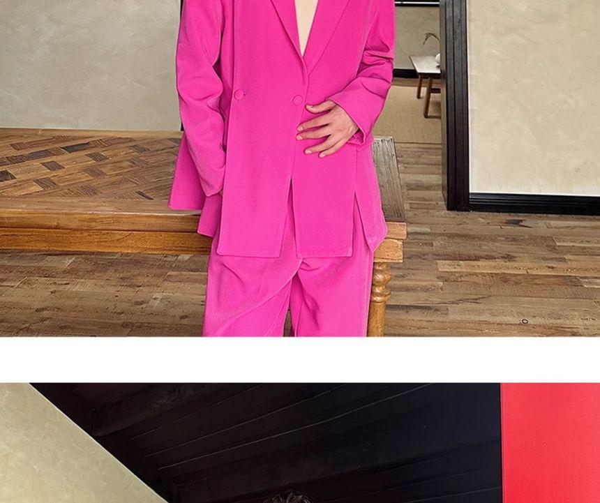 Set: Lapel Collar Plain Slit Button Blazer + Mid Rise Plain Dress Pants Product Image