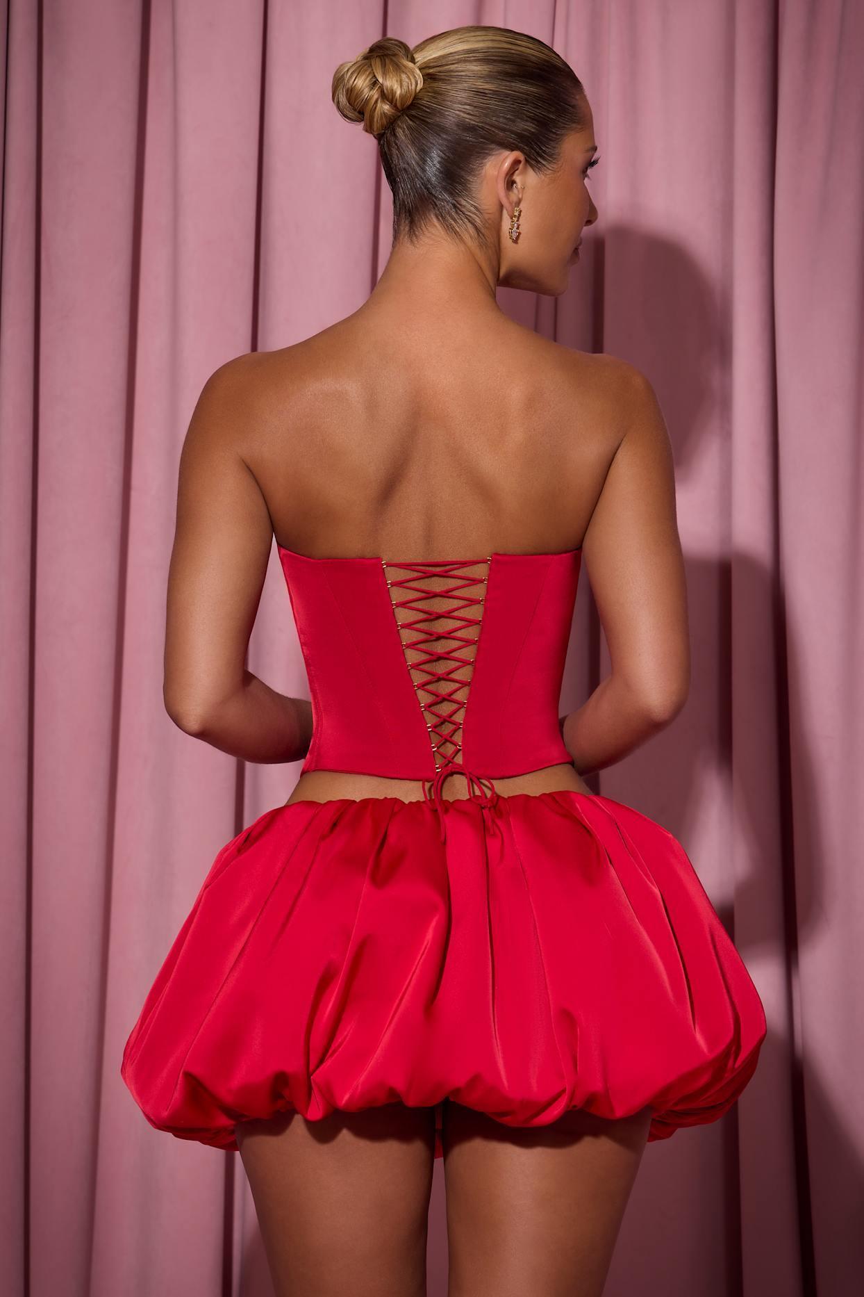 Embellished Heart Cut-Out Strapless Corset Top in Red Product Image