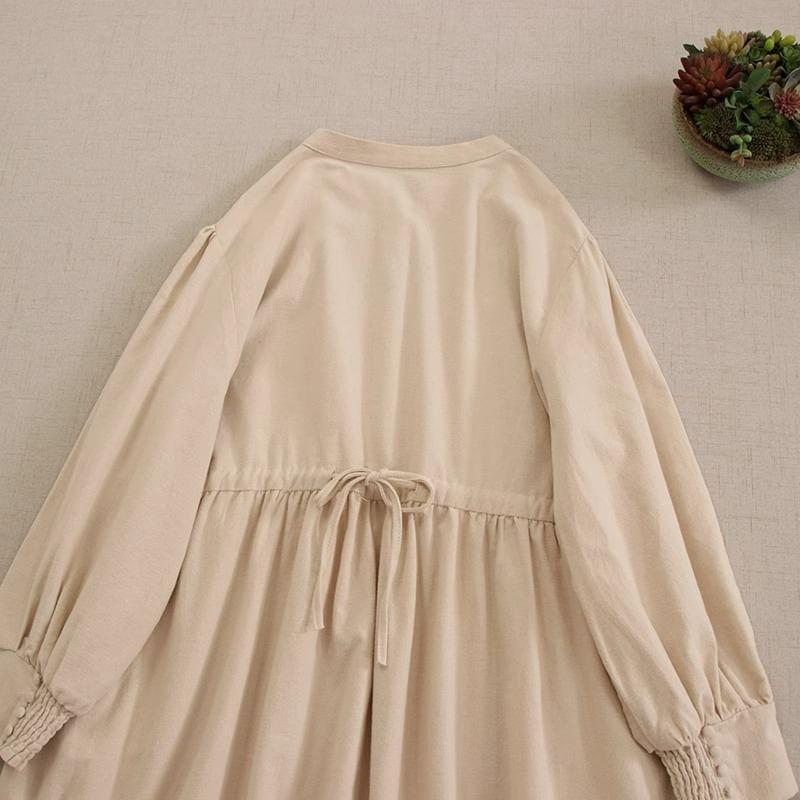 Puff-Sleeve Henley Plain Midi Smock Dress Product Image